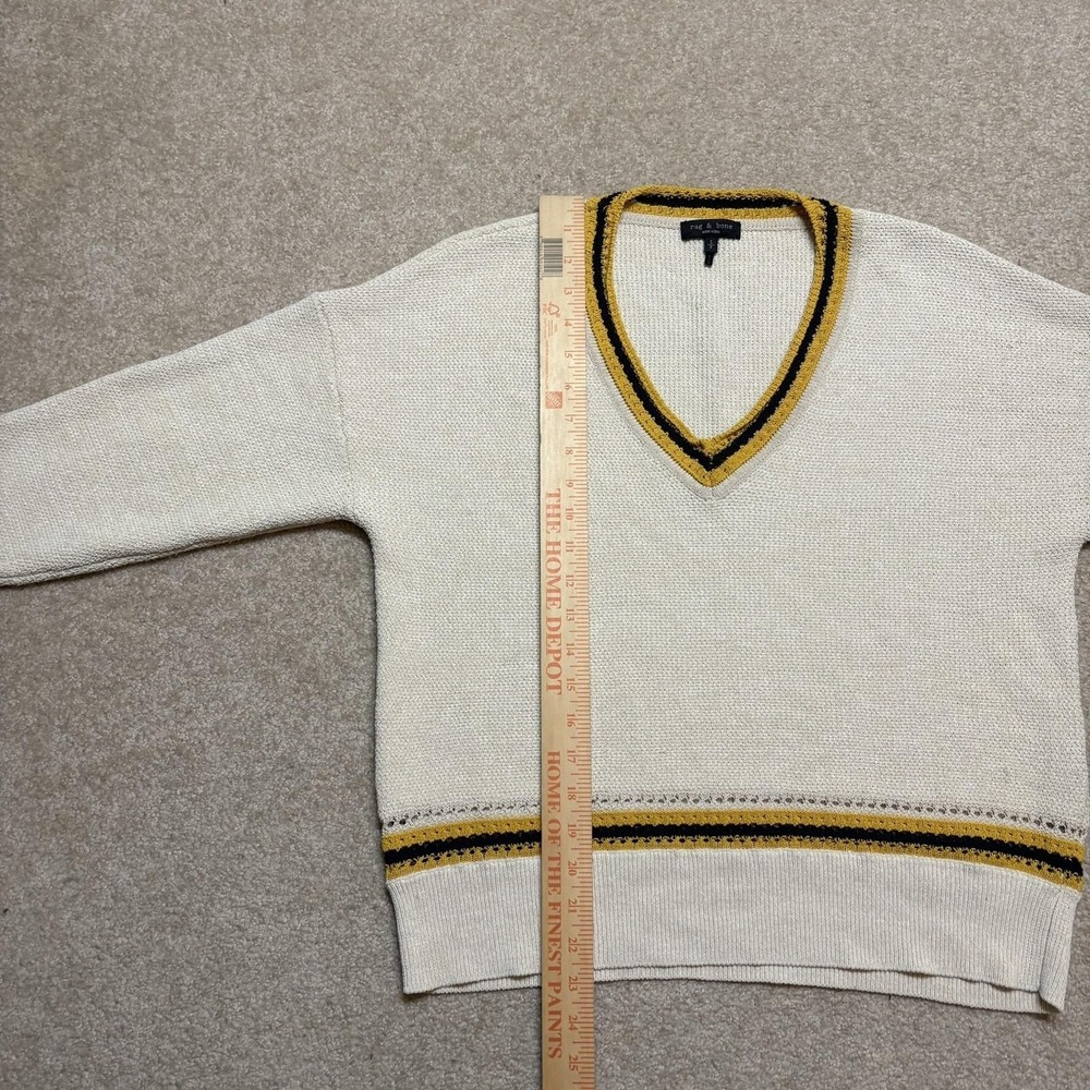 Rag & Bone Sweater Womens Small White V Neck Cricket Pullover Stripe Trim Knit - Picture 7 of 10